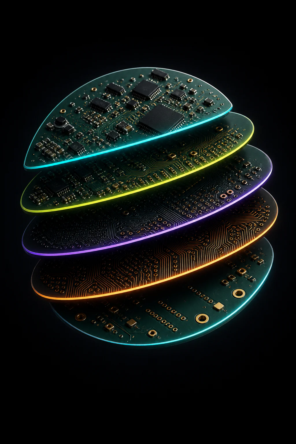 Five illuminated slices revealing the physical layers of a detailed circuit board